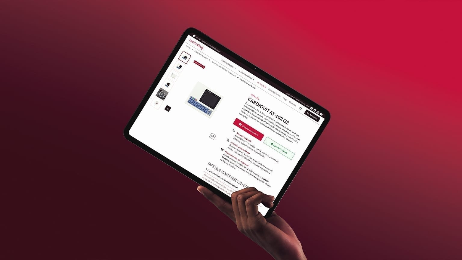 Hand holding a tablet showing the Lattitude Product Detail Page for the Schiller CARDIOVIT AT-102 G2.