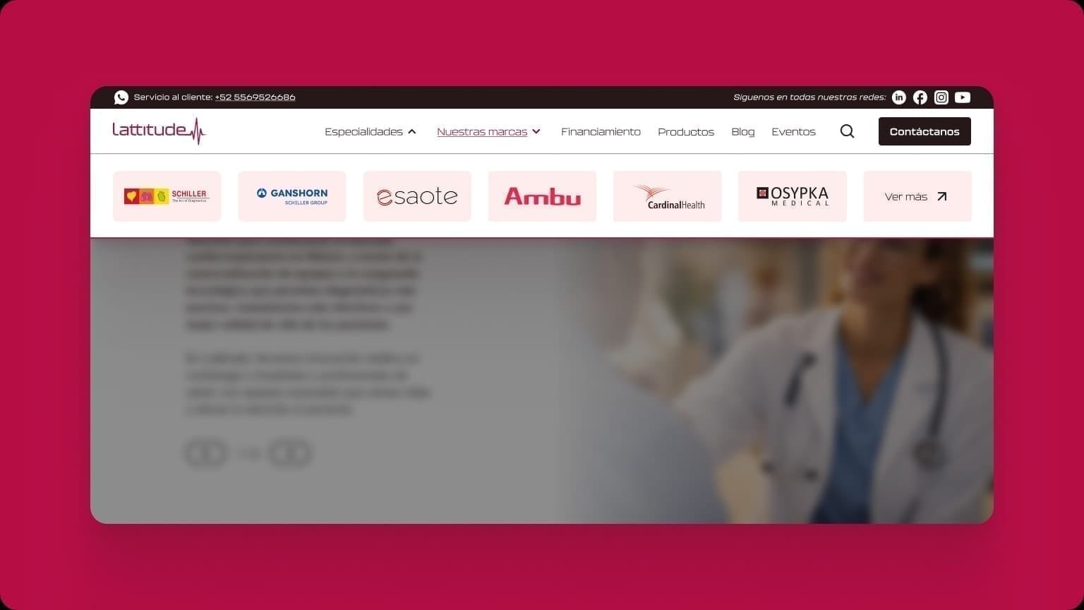 Desktop mega-menu of Lattitude manufacturer brands including Schiller, Ganshorn, Esaote, Ambu, Cardinal Health, and Osypka Medical.