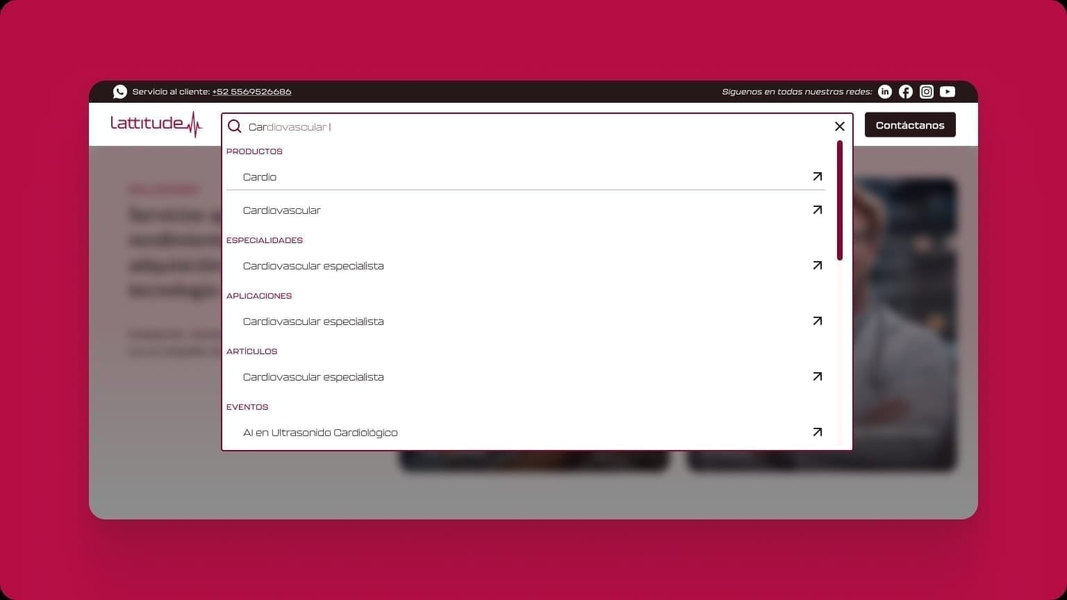 Desktop search overlay grouping Lattitude results for Cardiovascular across products, specialties, applications, articles, and events.