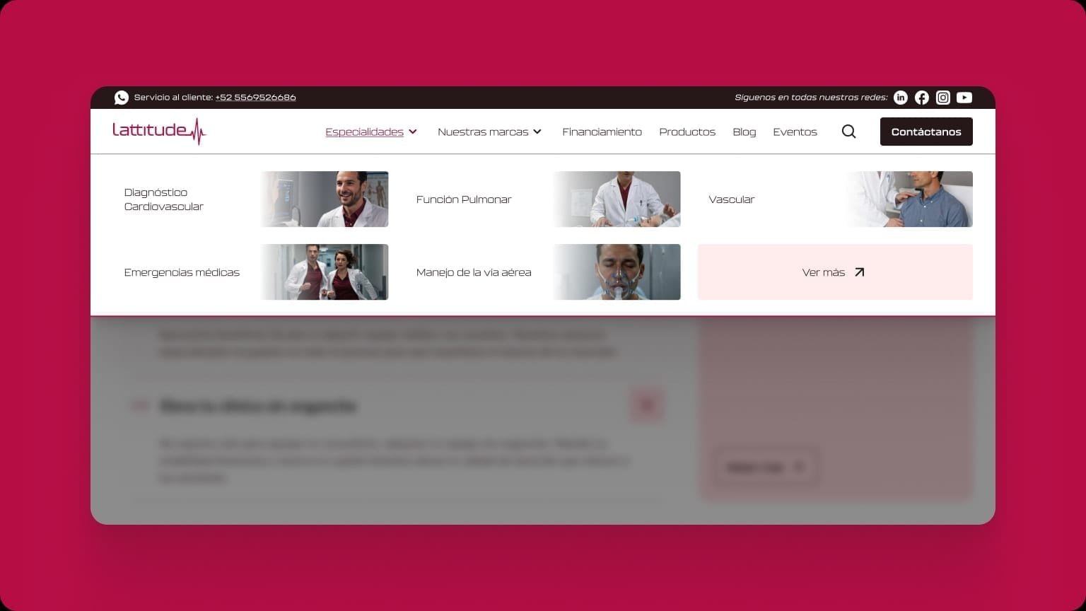 Desktop Especialidades mega-menu with photographic tiles for cardiovascular, pulmonary, vascular, emergency, and airway-management journeys.