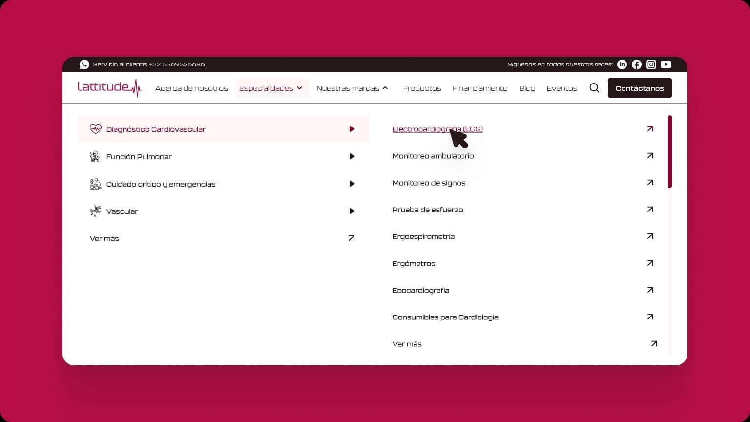 Desktop nested specialty menu for Diagnóstico Cardiovascular with clinical applications such as electrocardiography and ambulatory monitoring.
