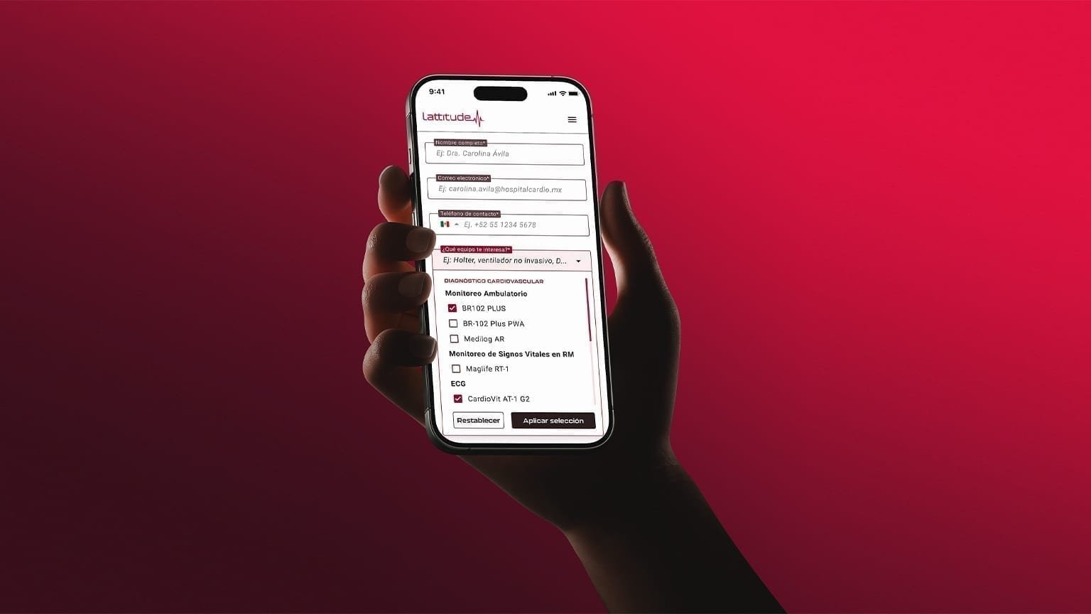 Hand holding a phone against a Cherry Rose field showing a Lattitude lead-generation form with an equipment-interest dropdown.