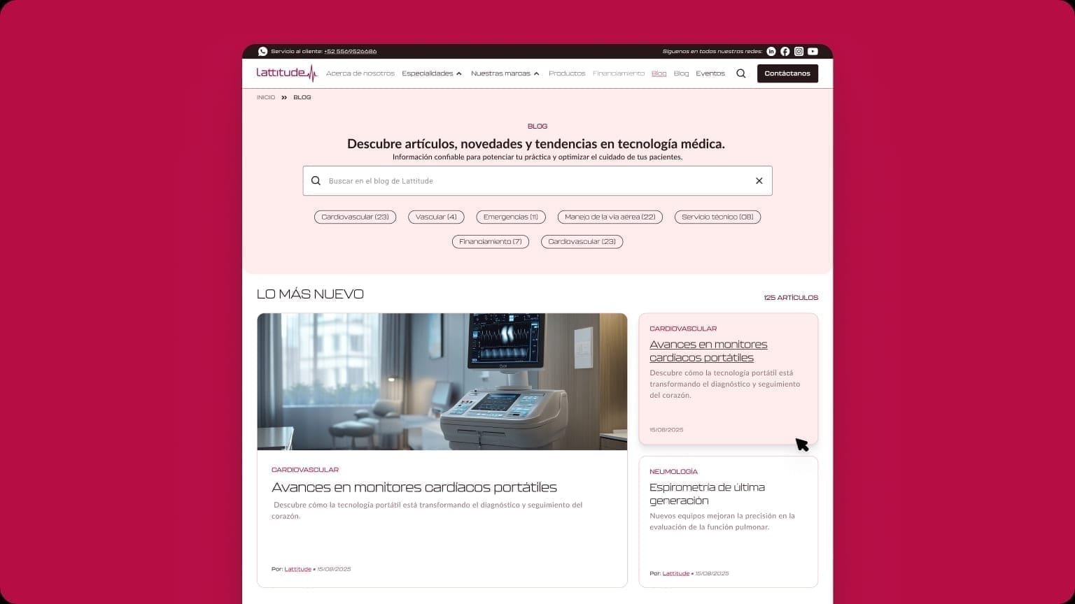 Desktop Lattitude blog hub with category filters and a featured cardiovascular article on portable cardiac monitors.