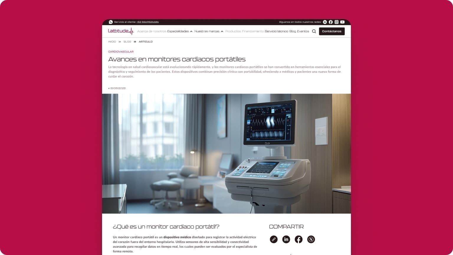 Desktop Lattitude clinical article on portable cardiac monitors with share tools and educational body copy.