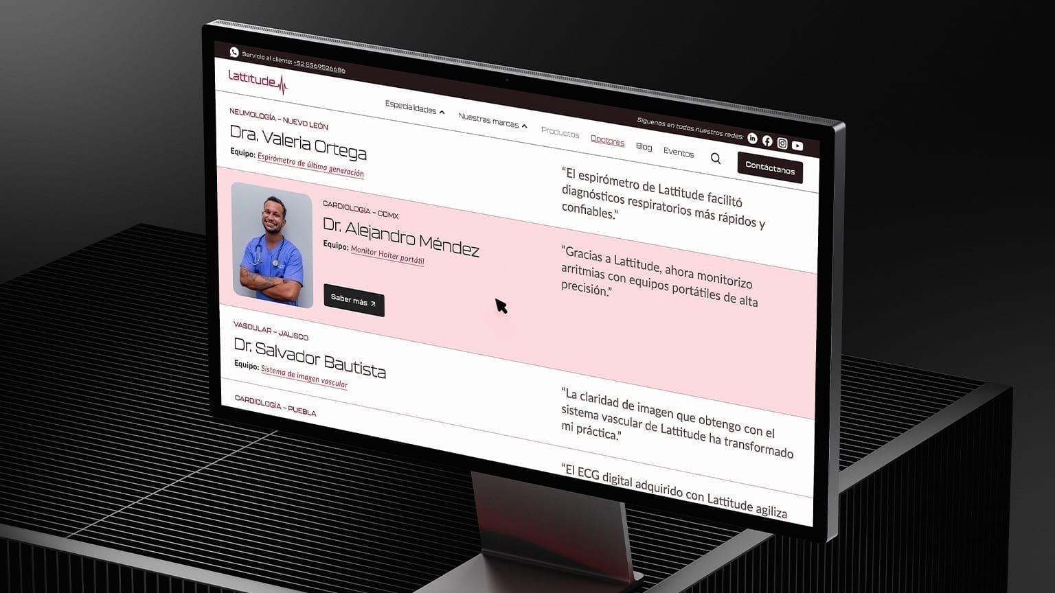 Desktop monitor showing the Lattitude specialists directory with clinician profiles, equipment used, and testimonials.
