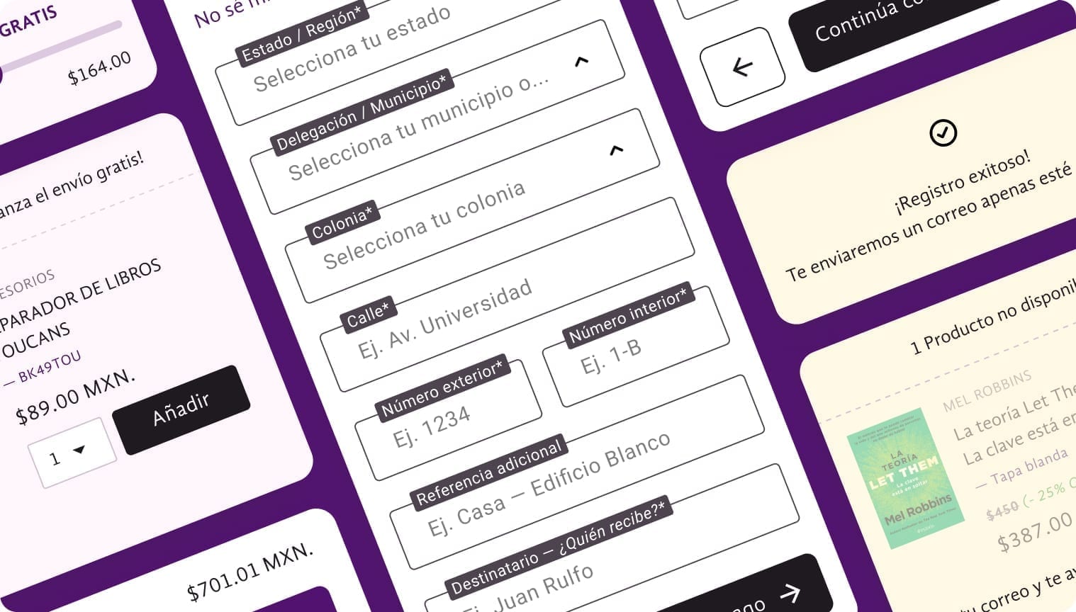 Librerías Gandhi checkout UI collage with shipping address form, registration success, and cross-sell product card on a purple background.