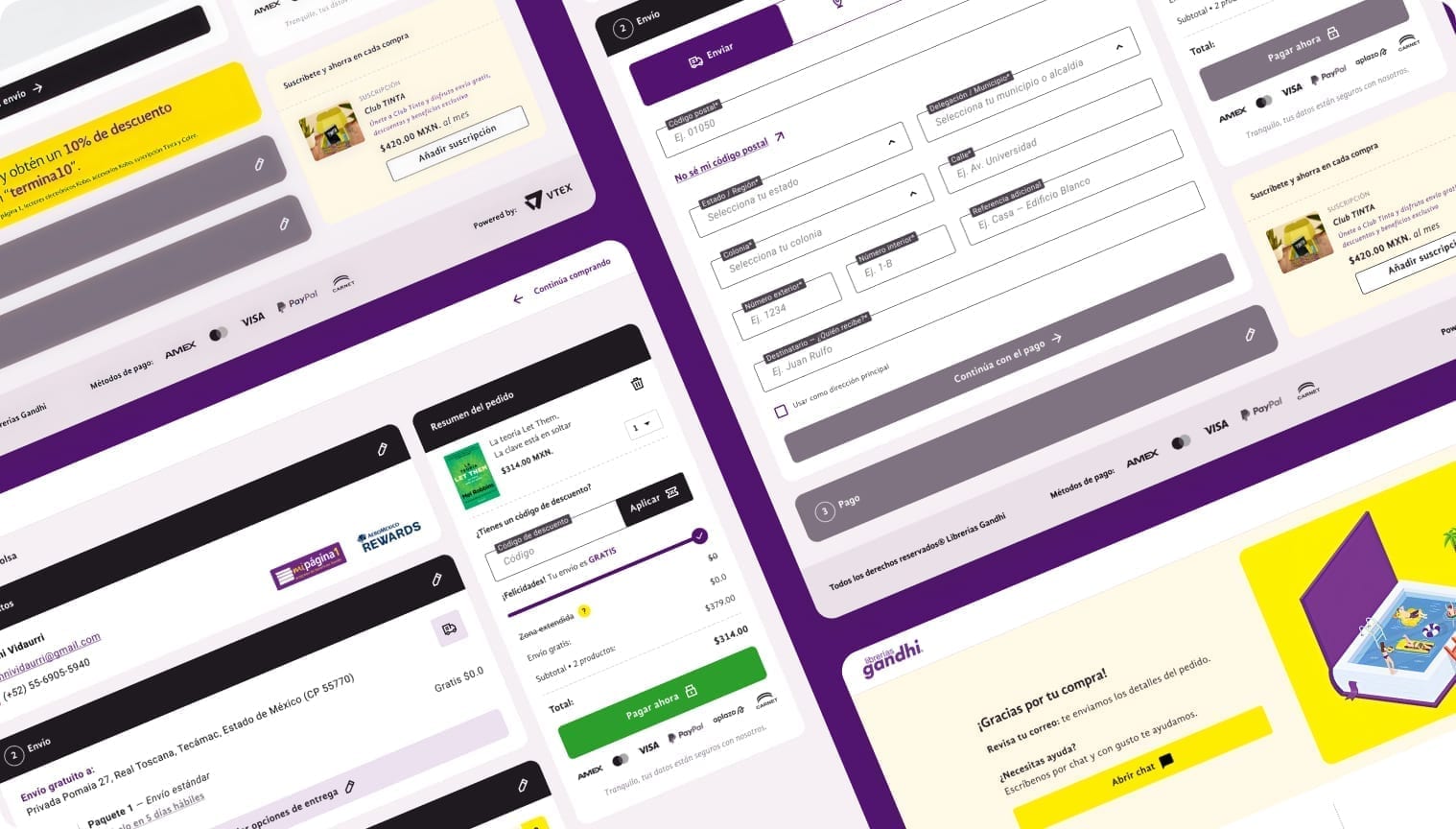 Librerías Gandhi end-to-end checkout collage with shipping, order summary, Club TINTA, and thank-you screen on a purple background.