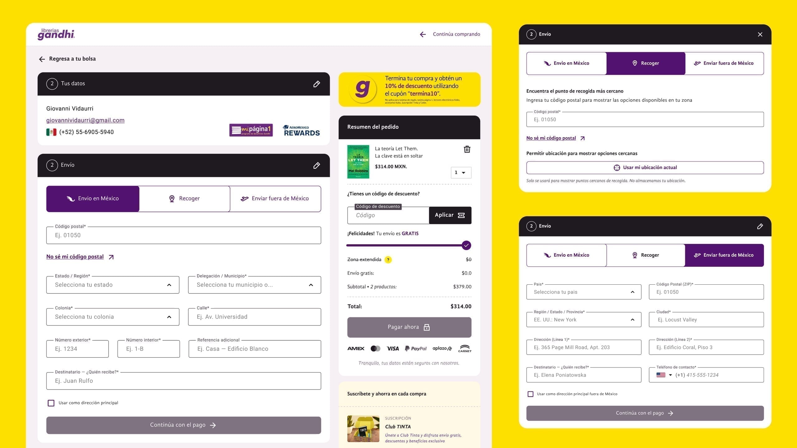Librerías Gandhi checkout flow with shipping tabs and order summary on desktop screens.