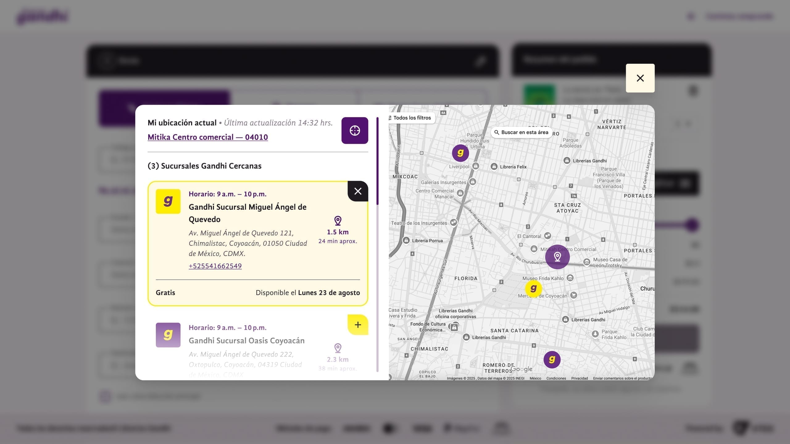 Librerías Gandhi Click and Collect store locator modal with branch list and Google Map.