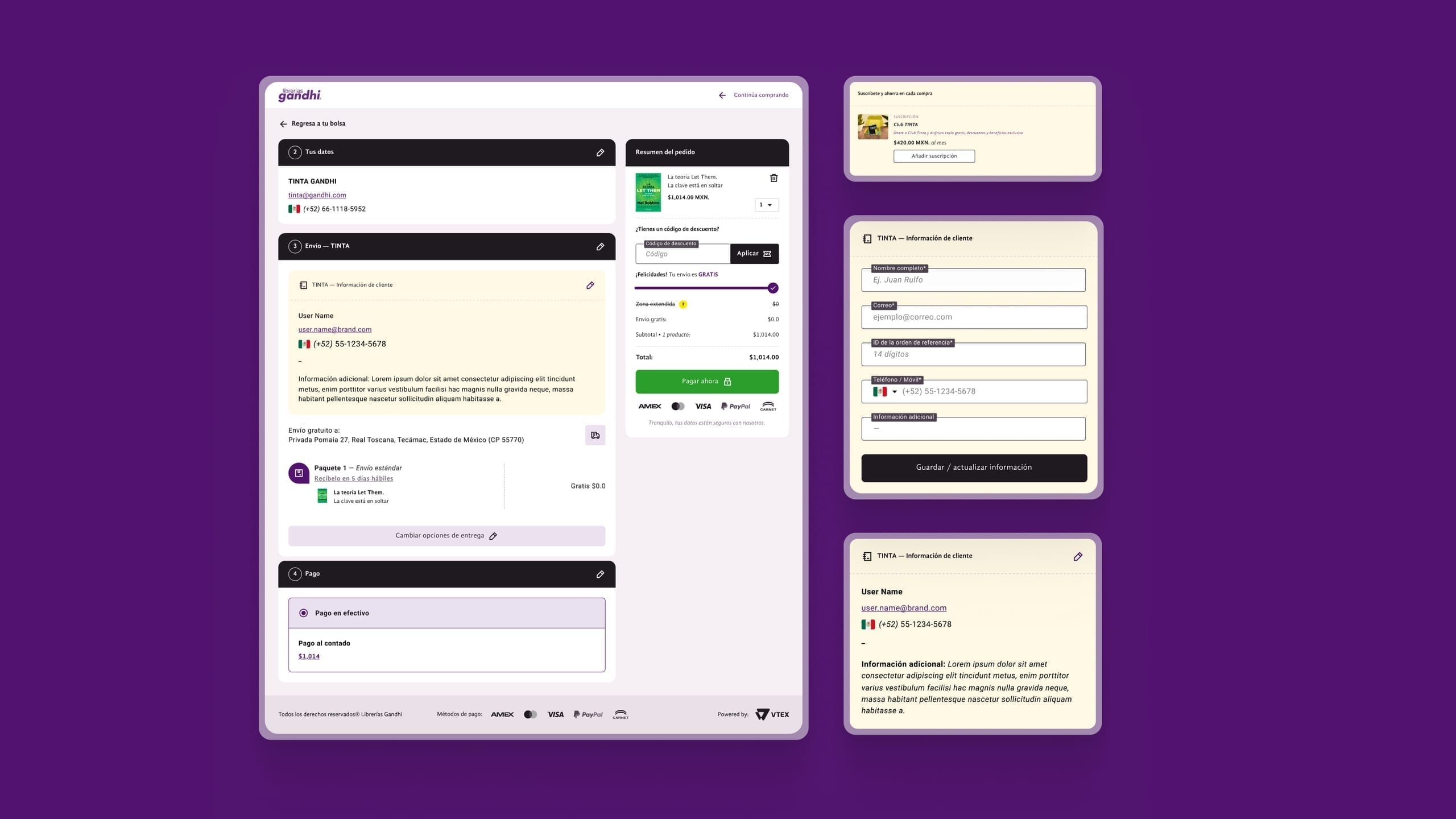 Librerías Gandhi VTEX checkout with Club TINTA subscription upsell and TINTA client information modules on a purple background.