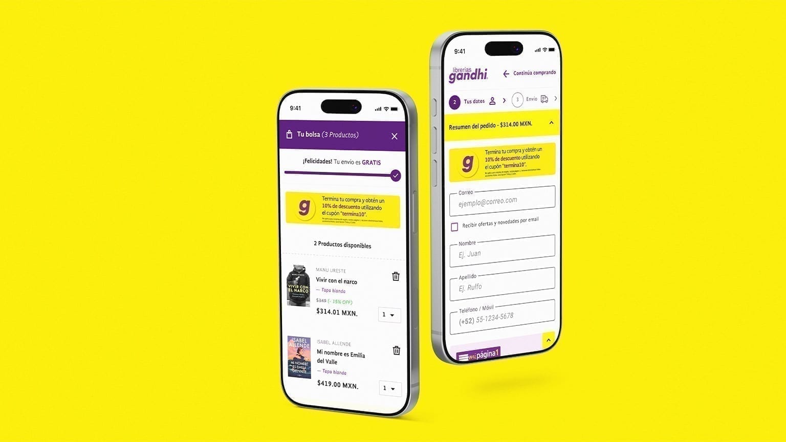 Librerías Gandhi Smart Cart drawer and mobile checkout data step on two smartphones.