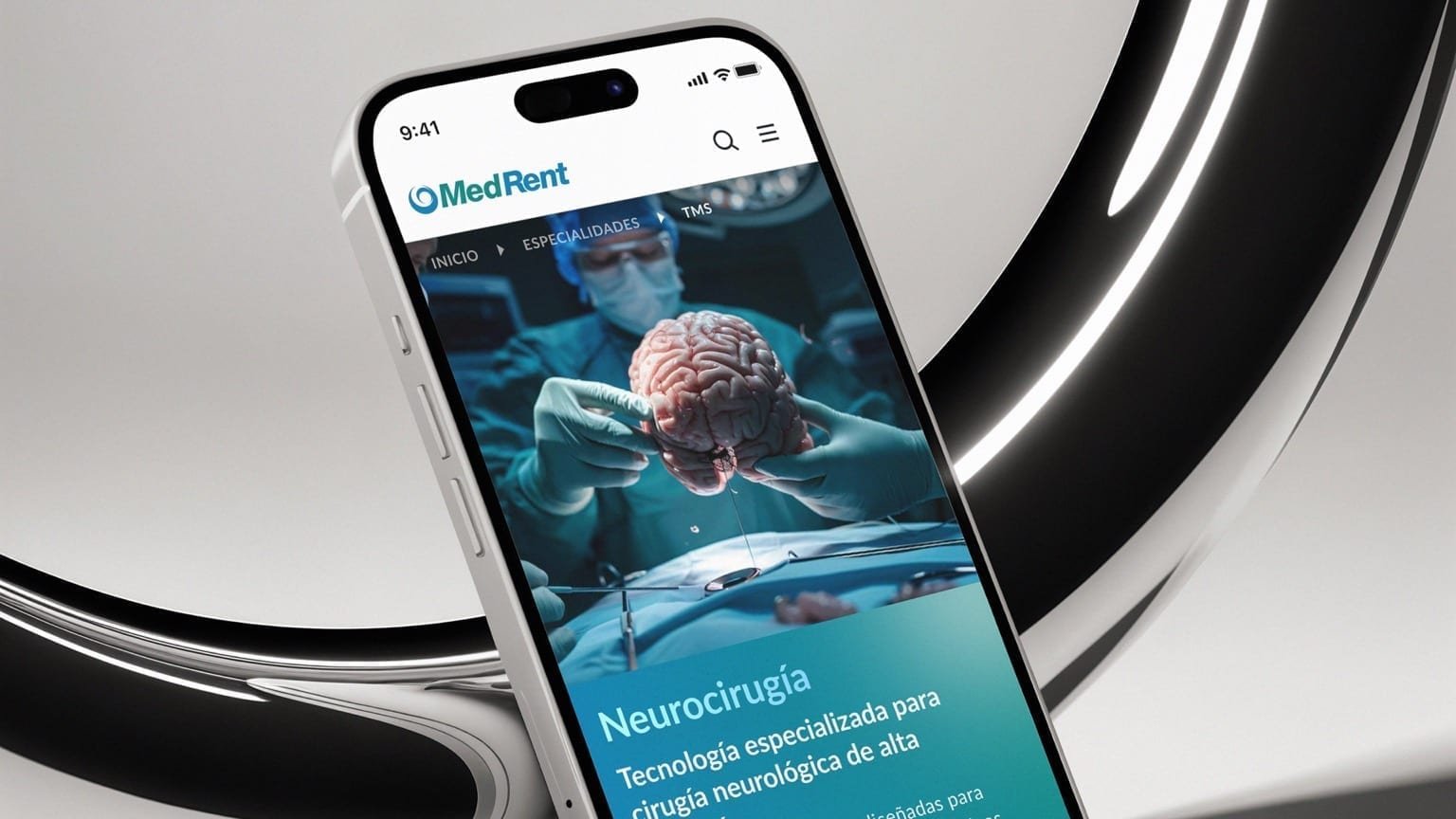 Angled smartphone showing the MedRent mobile homepage over a dark metallic ring.