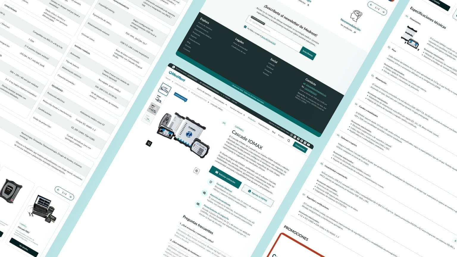 Desktop product detail page with specs, consumables, FAQs, and related products.