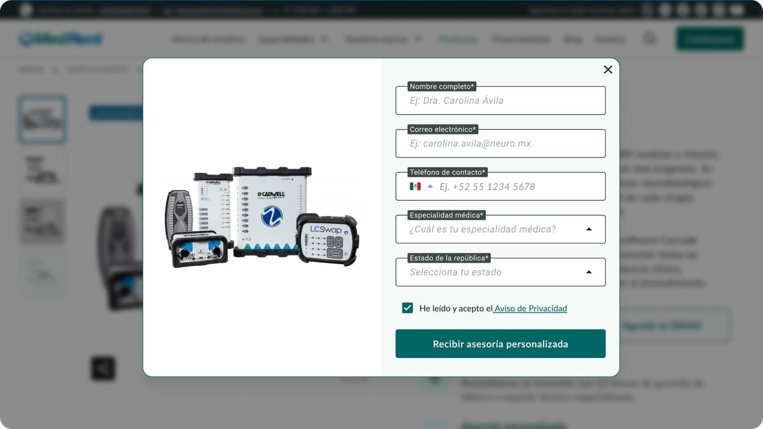 Lead-generation form for requesting specialist guidance on medical equipment.