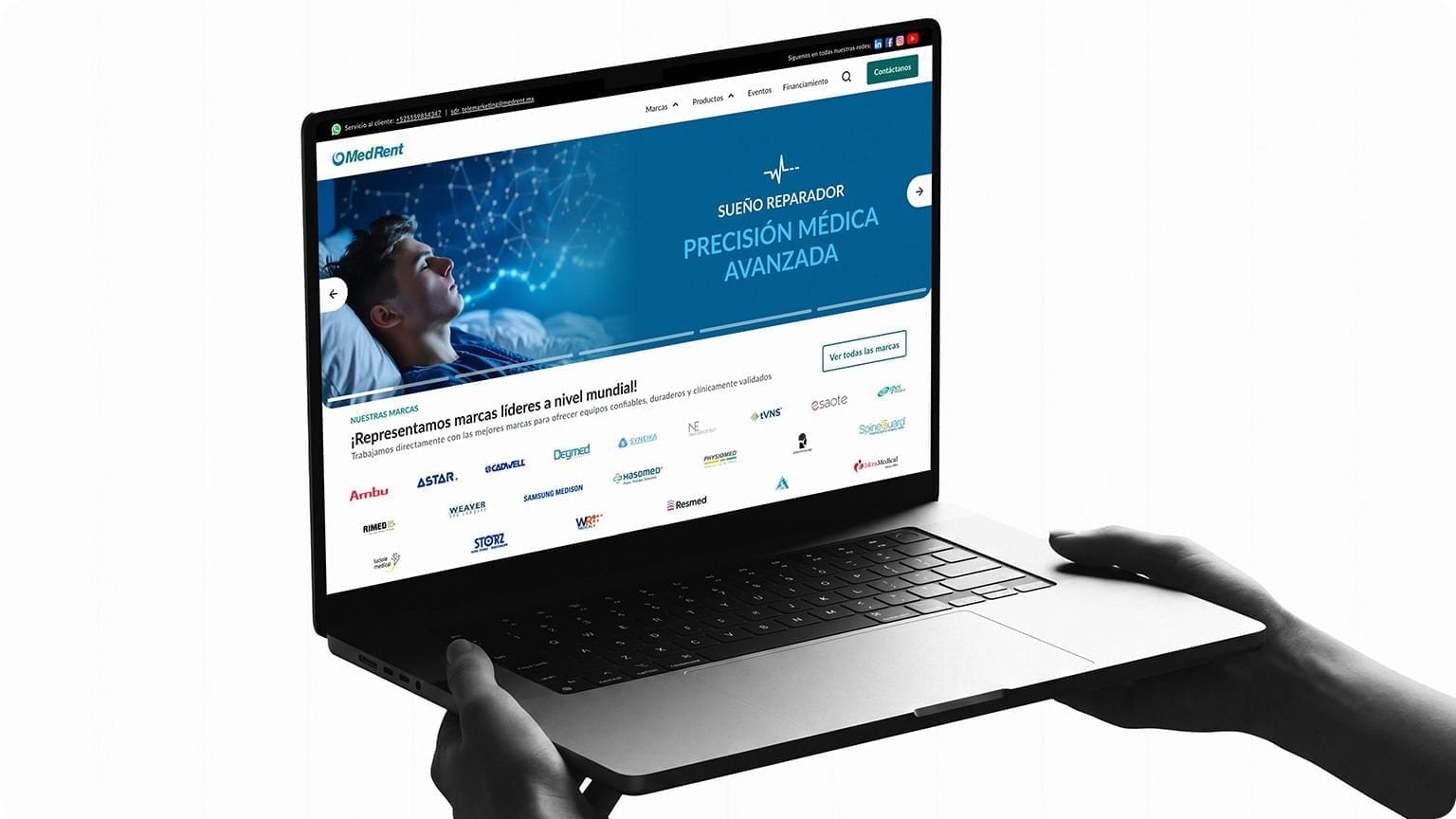 Desktop homepage on an iMac with specialties, brand logos, and discovery modules.