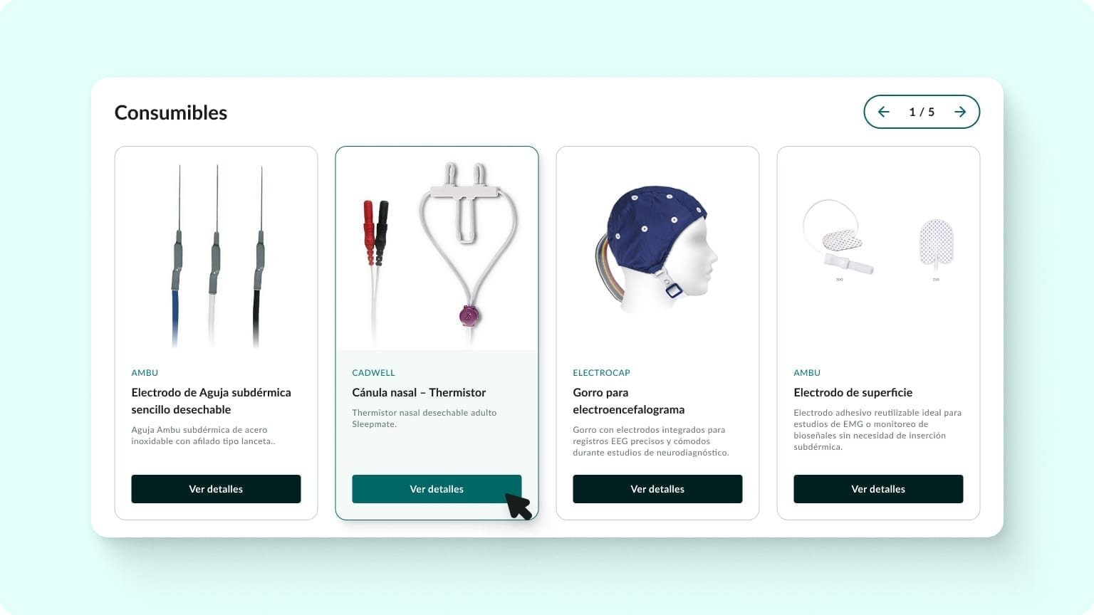 Modular consumables and accessories listing with reusable product cards.