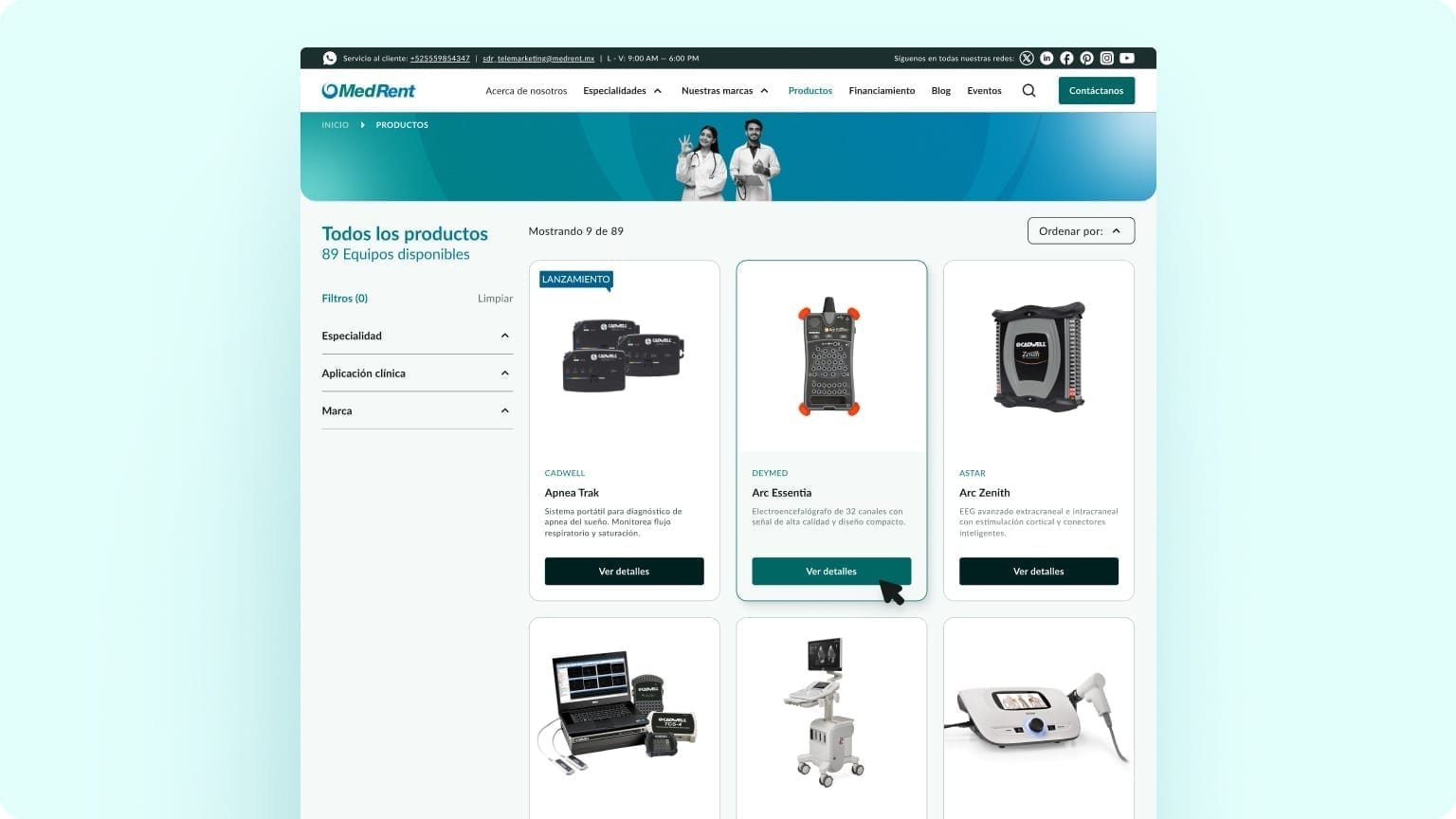 B2B catalog interface with filters for specialty, clinical application, and brand.