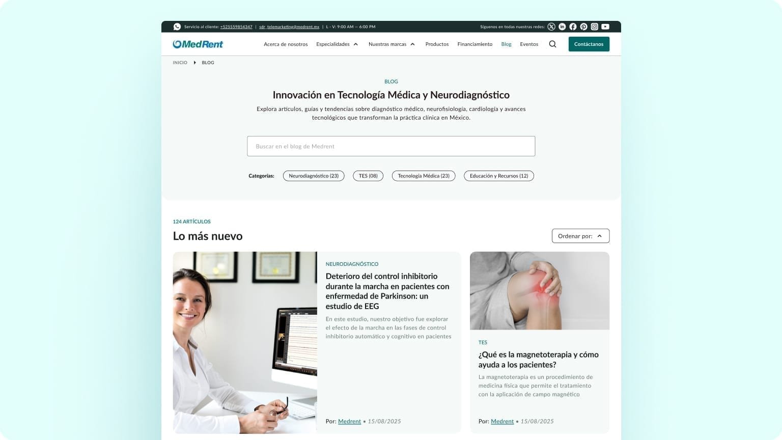 Articles and events hub with clinical education cards and editorial layout.