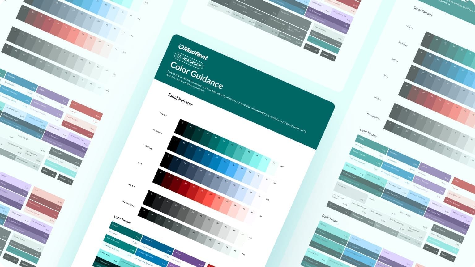 Design system board with tonal palettes, UI states, and color rules.