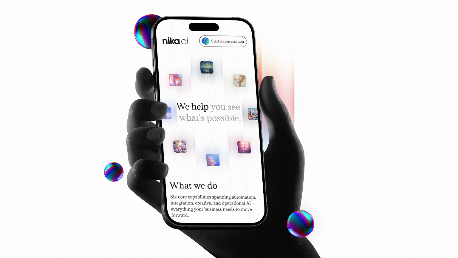 Smartphone displaying the responsive Nika AI homepage with floating generative artwork, iridescent spheres, and What we do content.