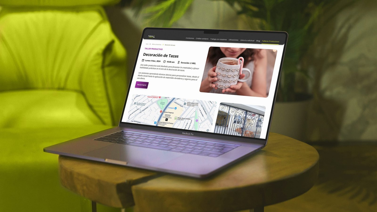 Laptop on a round wooden table showing the Podemos Progresar workshop page for Decoración de Tazas.