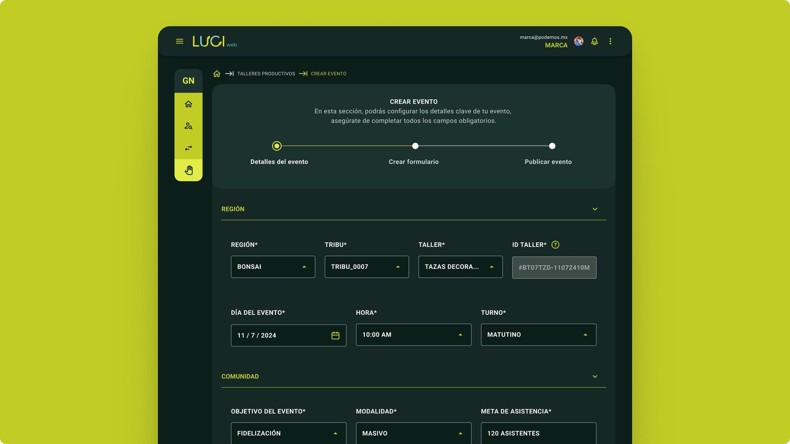 LUCI web Crear Evento form with a three-step progress bar and fields for region Bonsai, tribe, workshop type, date, and attendance target.