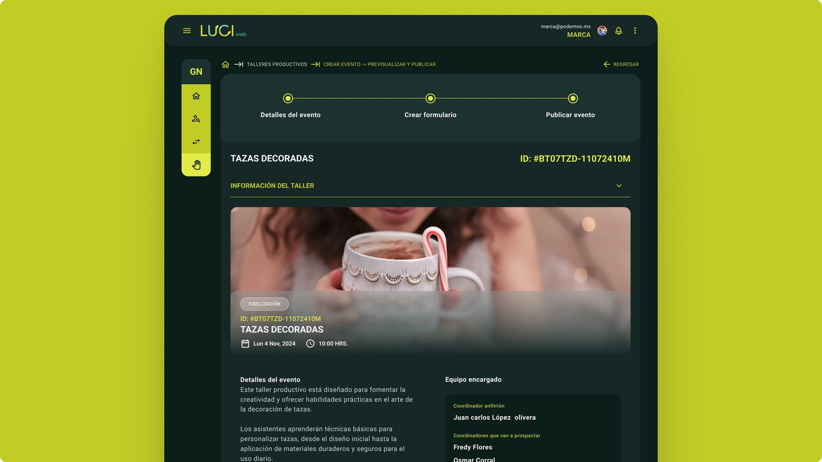 LUCI web preview for Tazas Decoradas with a mug hero, event details, workshop ID, and assigned coordinators.