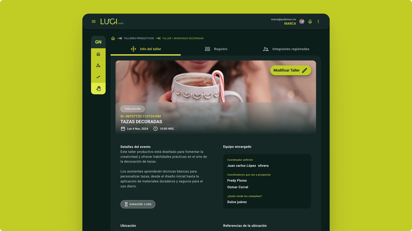 LUCI web Info del taller screen for Tazas Decoradas with a Modificar Taller button, duration chip, and coordinator list.
