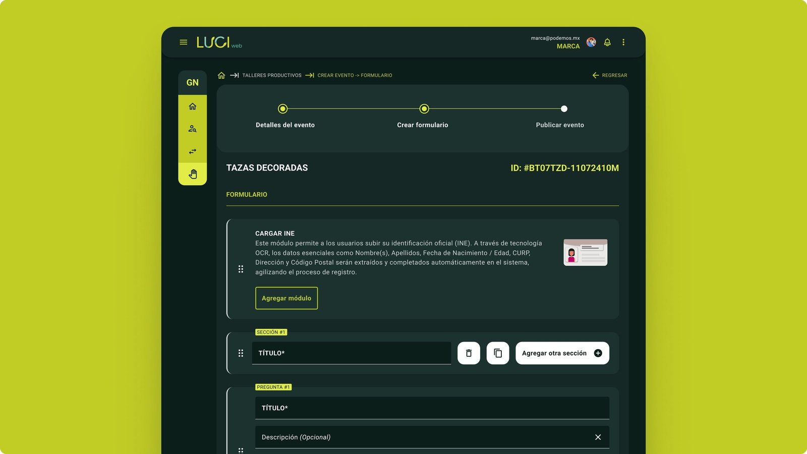 LUCI web form builder for Tazas Decoradas with a Cargar INE OCR module and draggable section and question fields.