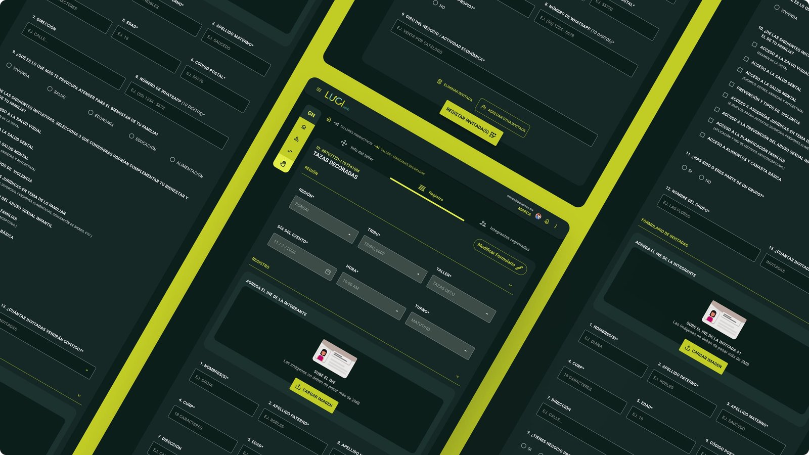 Collage of LUCI web registration screens with guest subforms, Cargar imagen INE, and a Registrar invitadas action.