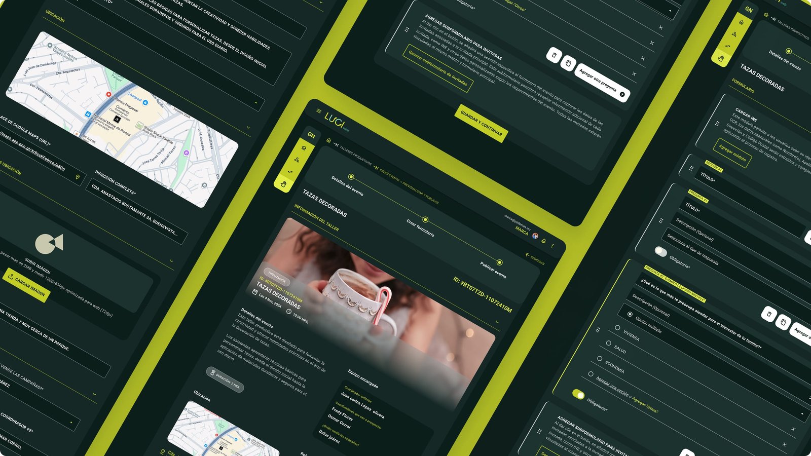 Collage of LUCI web publish screens showing a location map, guest information, form modules, and the Tazas Decoradas preview.
