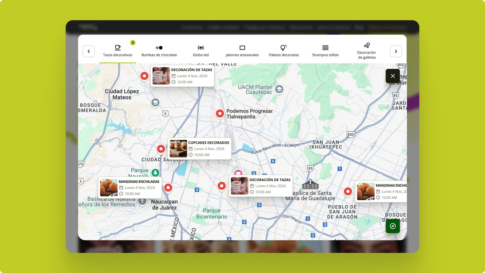 Desktop map of public Productive Workshops around Tlalnepantla with category chips for Tazas decorativas, cupcakes, and related crafts.