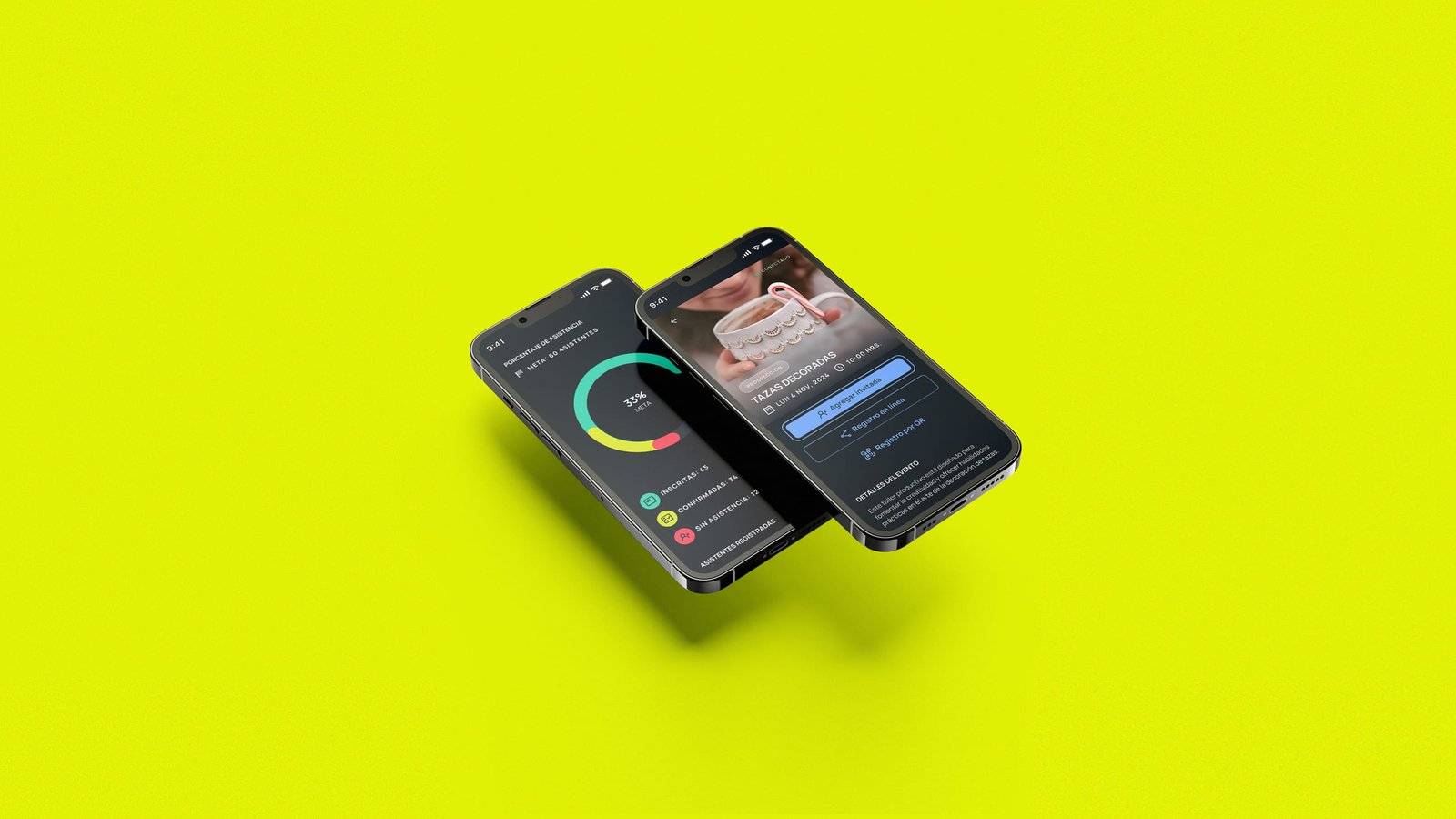 Two phones on a lime field showing the Spore attendance donut and a Tazas Decoradas field-event card with QR registration.