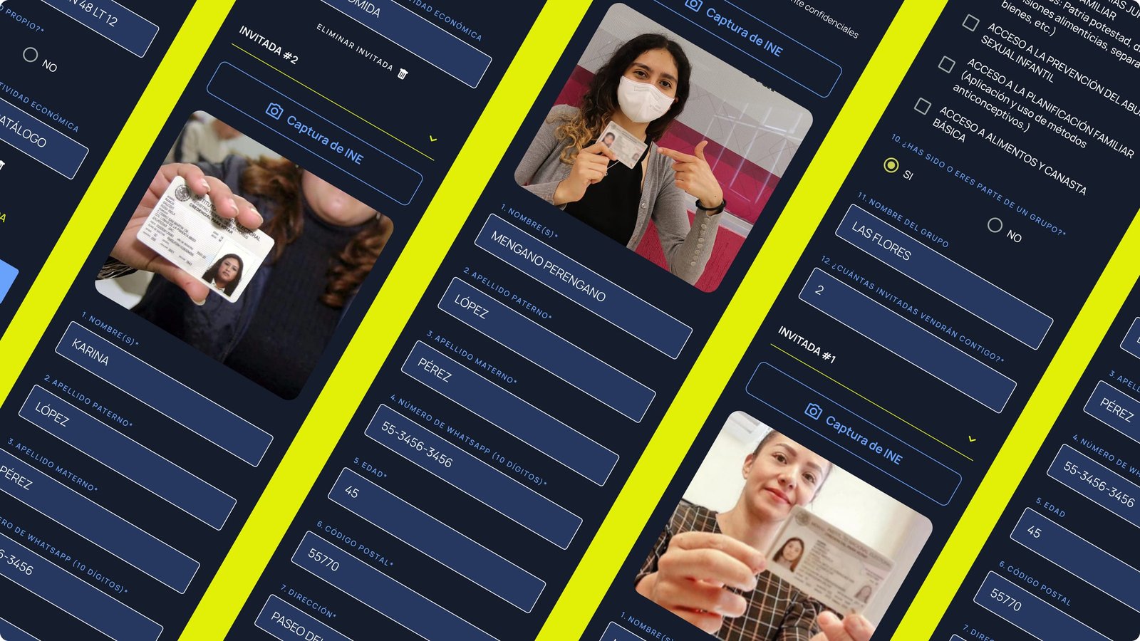 Collage of Captura de INE registration screens with attendees holding ID cards and fields for name, WhatsApp, and group membership.