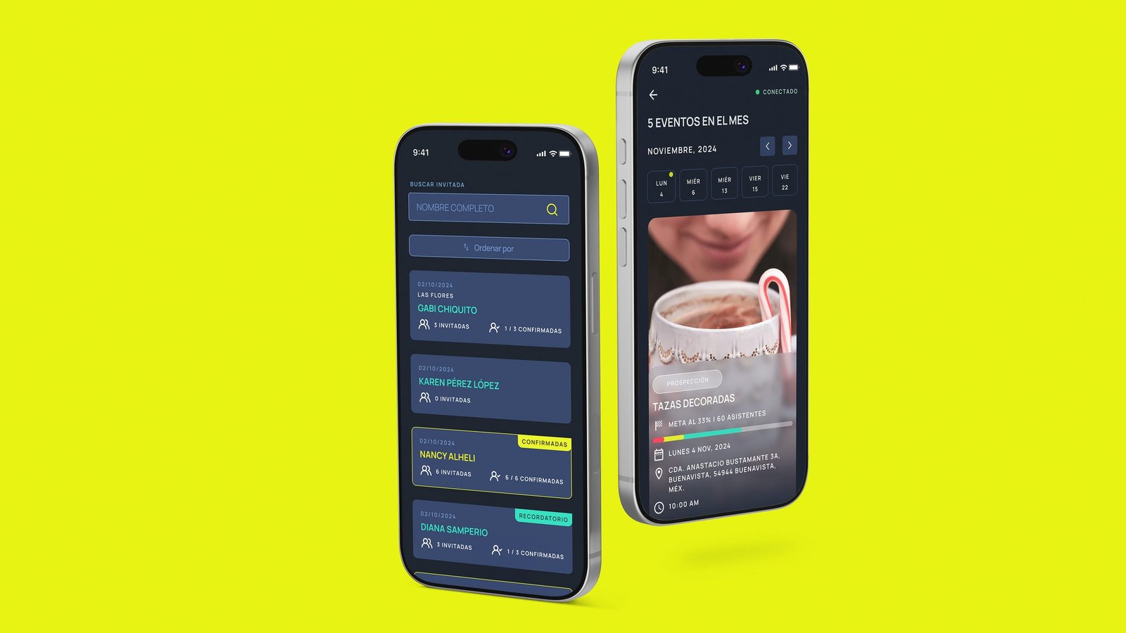 Two phones on lime showing Spore guest search with confirmation statuses and a November calendar of five monthly events.