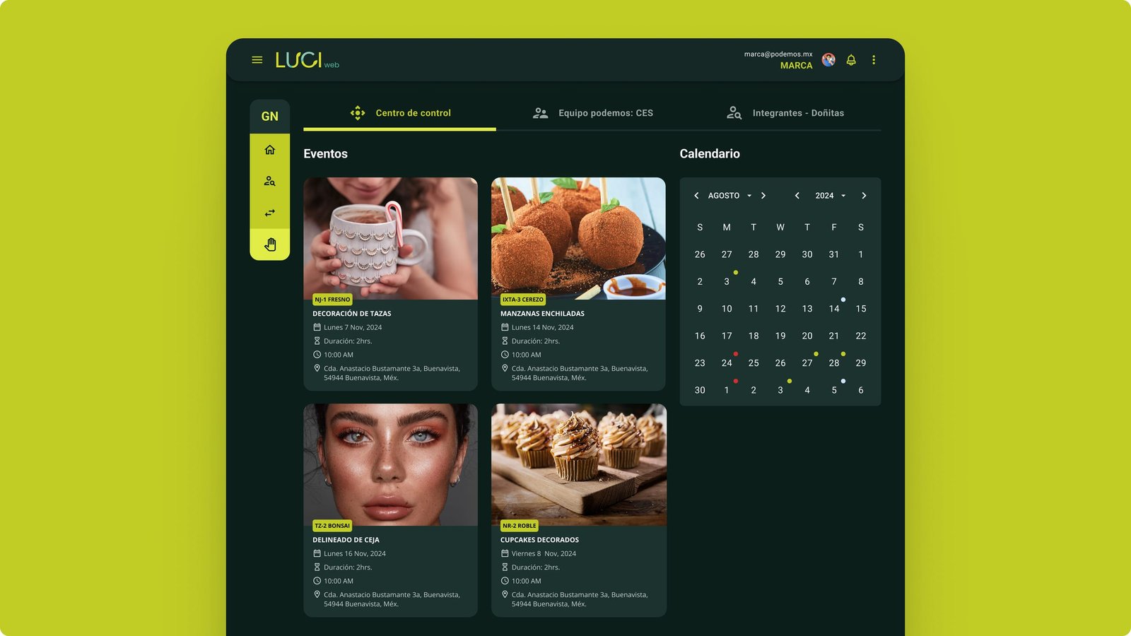 LUCI web Centro de control events grid with workshop photos and an August calendar of scheduled Productive Workshops.