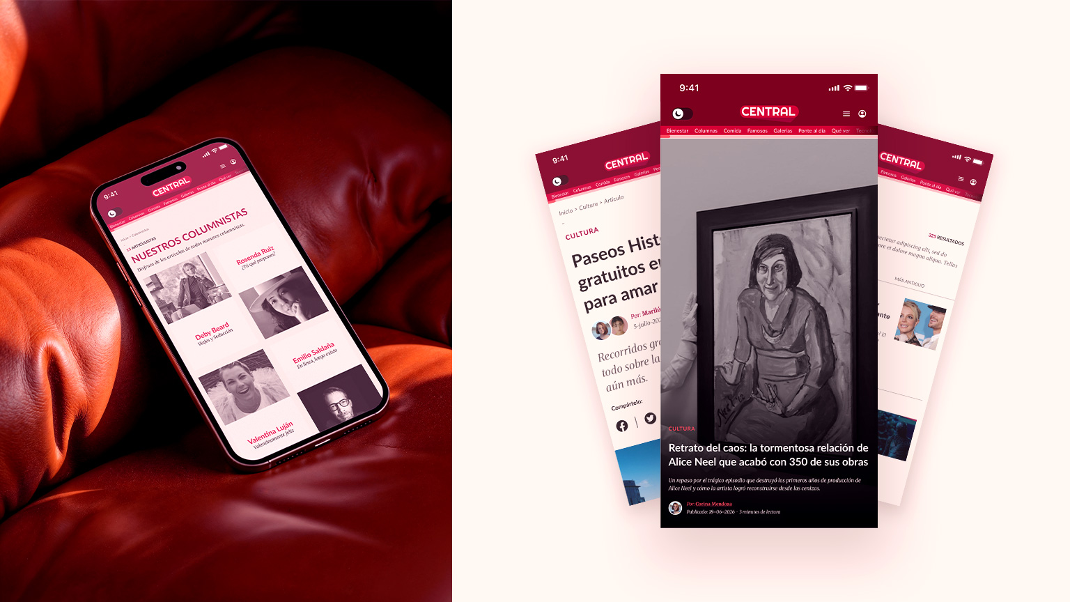 Revista Central columnist directory and mobile article screens.