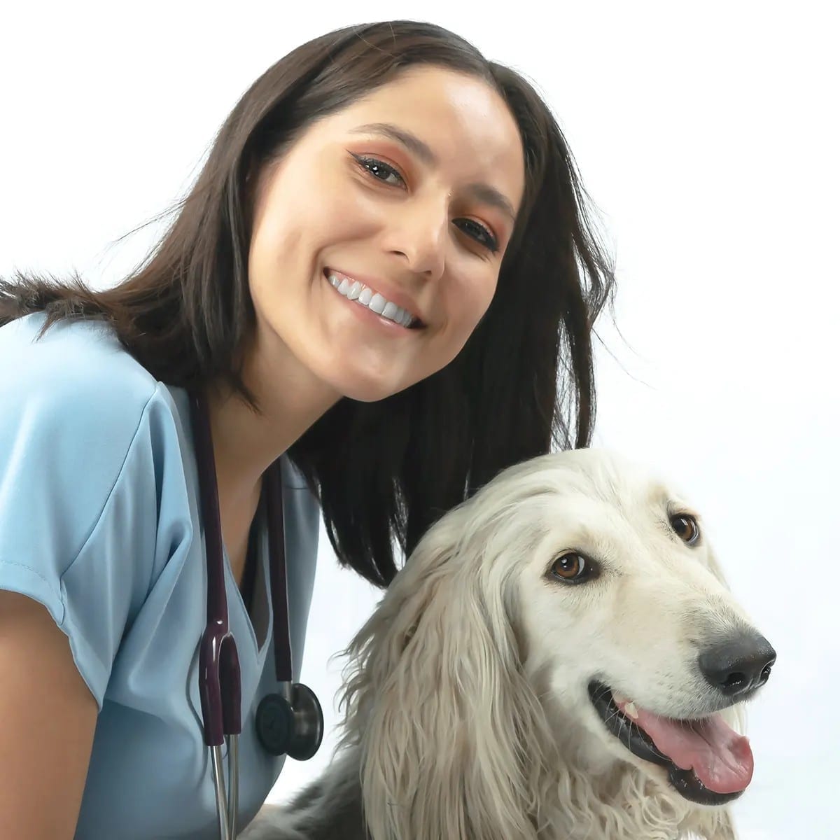 Veterinarian Cynthia smiling beside a long-haired dog.