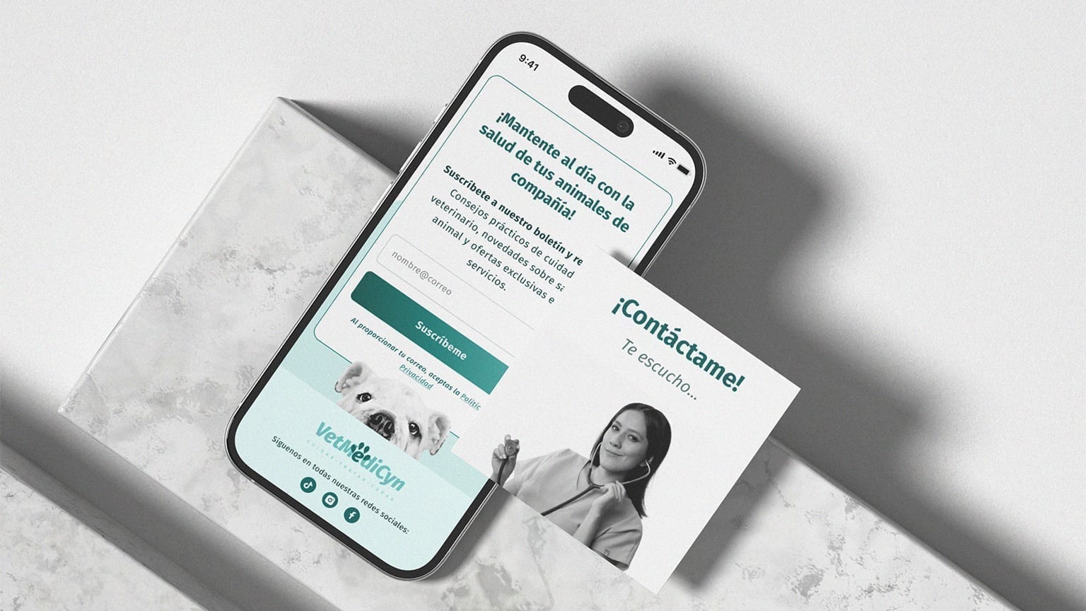 Vetmedicyn newsletter signup on mobile with a contact card.