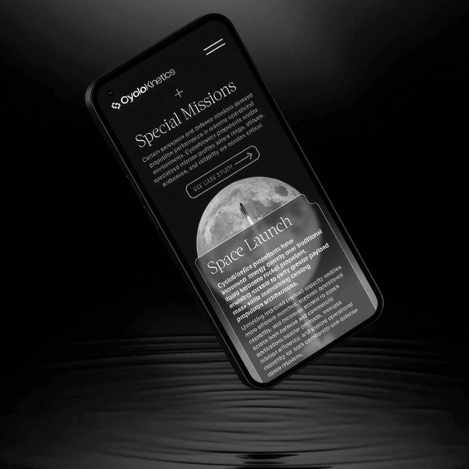 Smartphone floating over dark water, showing a space-launch product page.