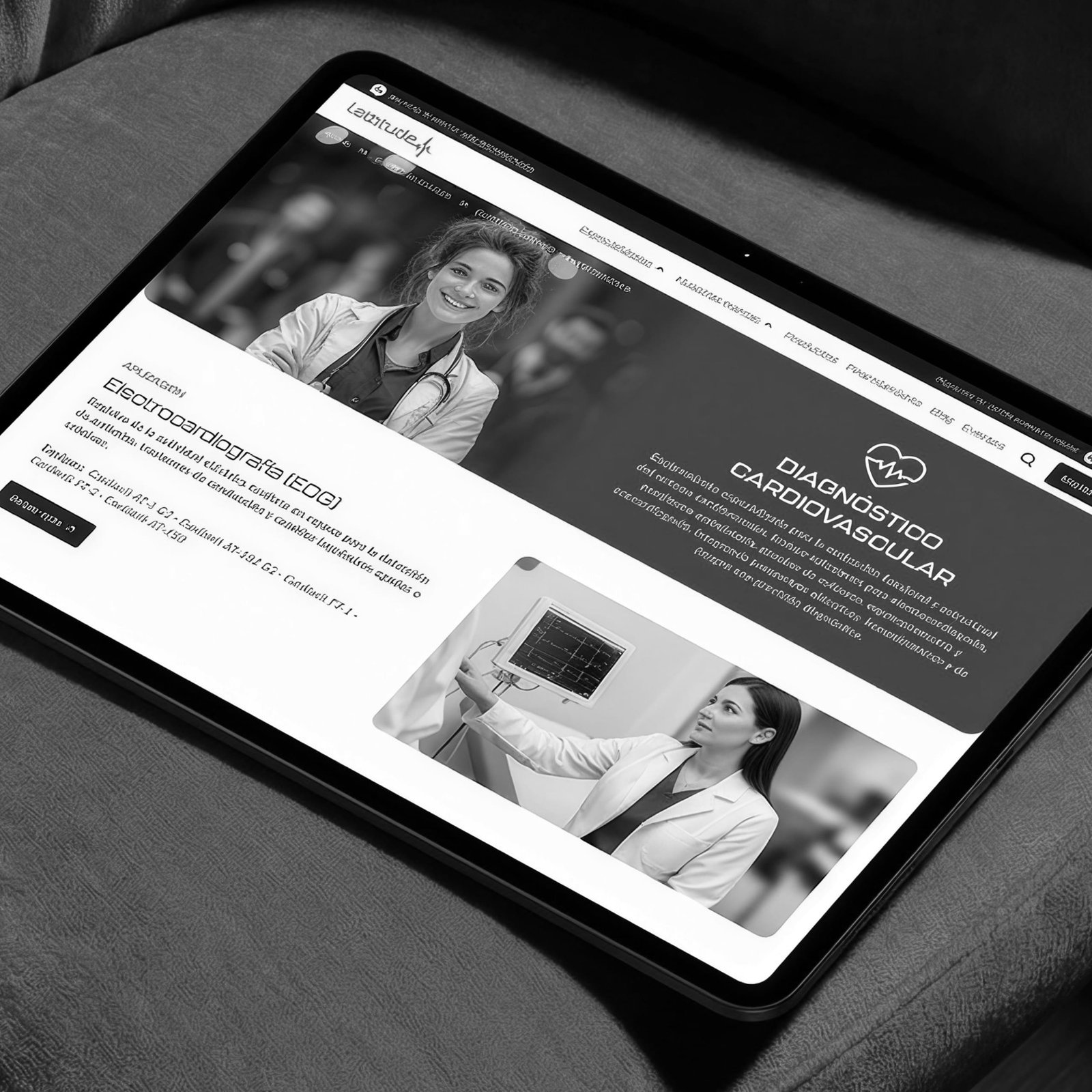 Tablet on a sofa showing a medical clinic website.