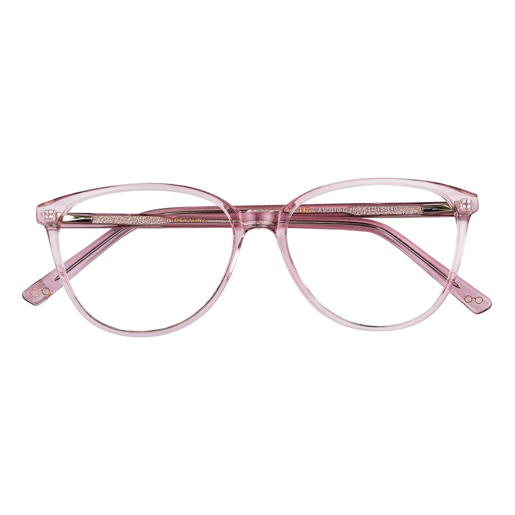Side profile blush translucent temples with visible silver wire core and tip logo. Arthur & Sons Mexico collection — photograph 106 of 119.