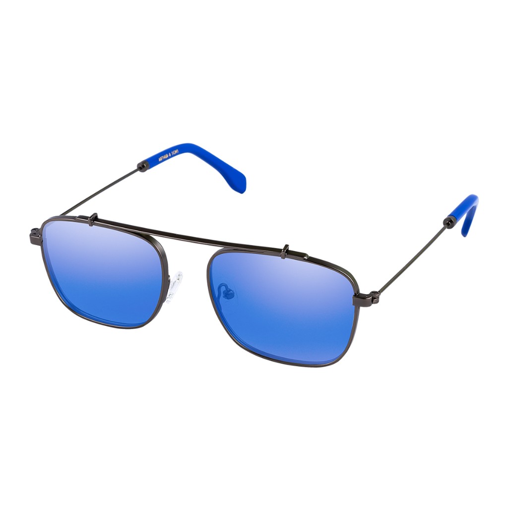 Three-quarter metal sunglasses with mirrored blue clip-ons; ARTHUR & SONS on temple tip. Arthur & Sons Mexico collection — photograph 79 of 119.
