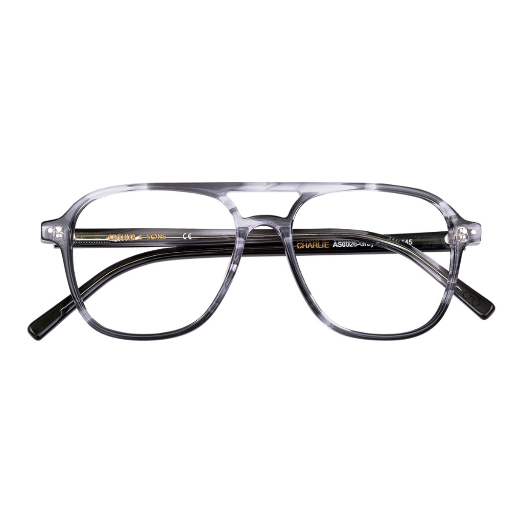 Tortoise navigator frames with gold double bridge and dark grey lenses; white background. Arthur & Sons Mexico collection — photograph 81 of 119.