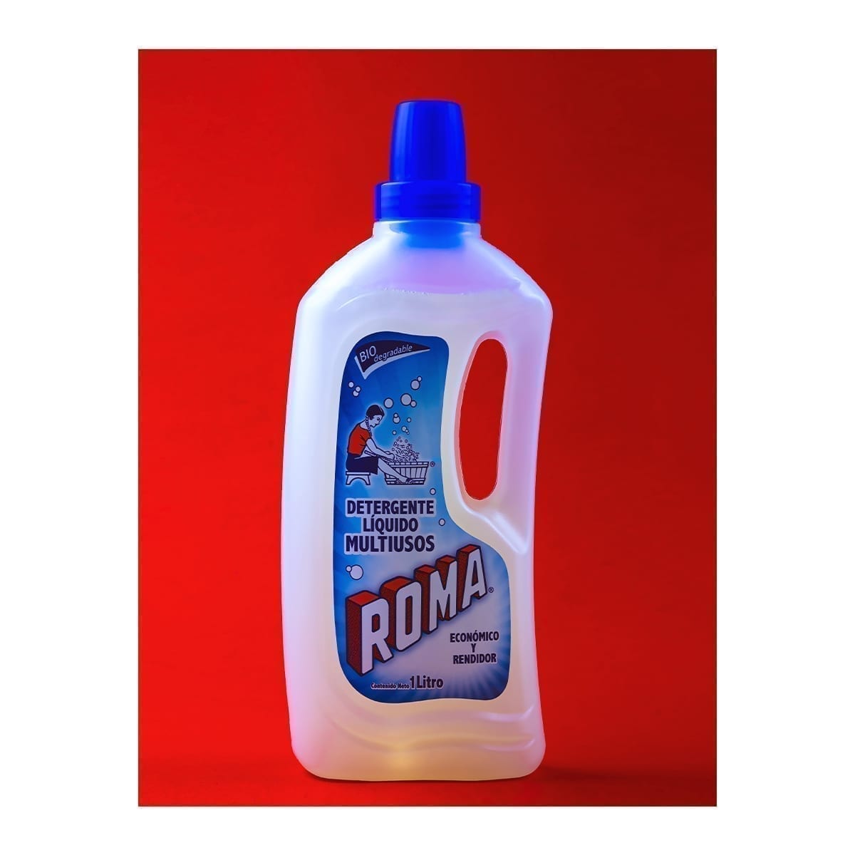 1 L Roma multipurpose liquid detergent bottle on a saturated red background. “100 Years of History” editorial project, Fábrica de Jabón La Corona — piece 10 of 38.