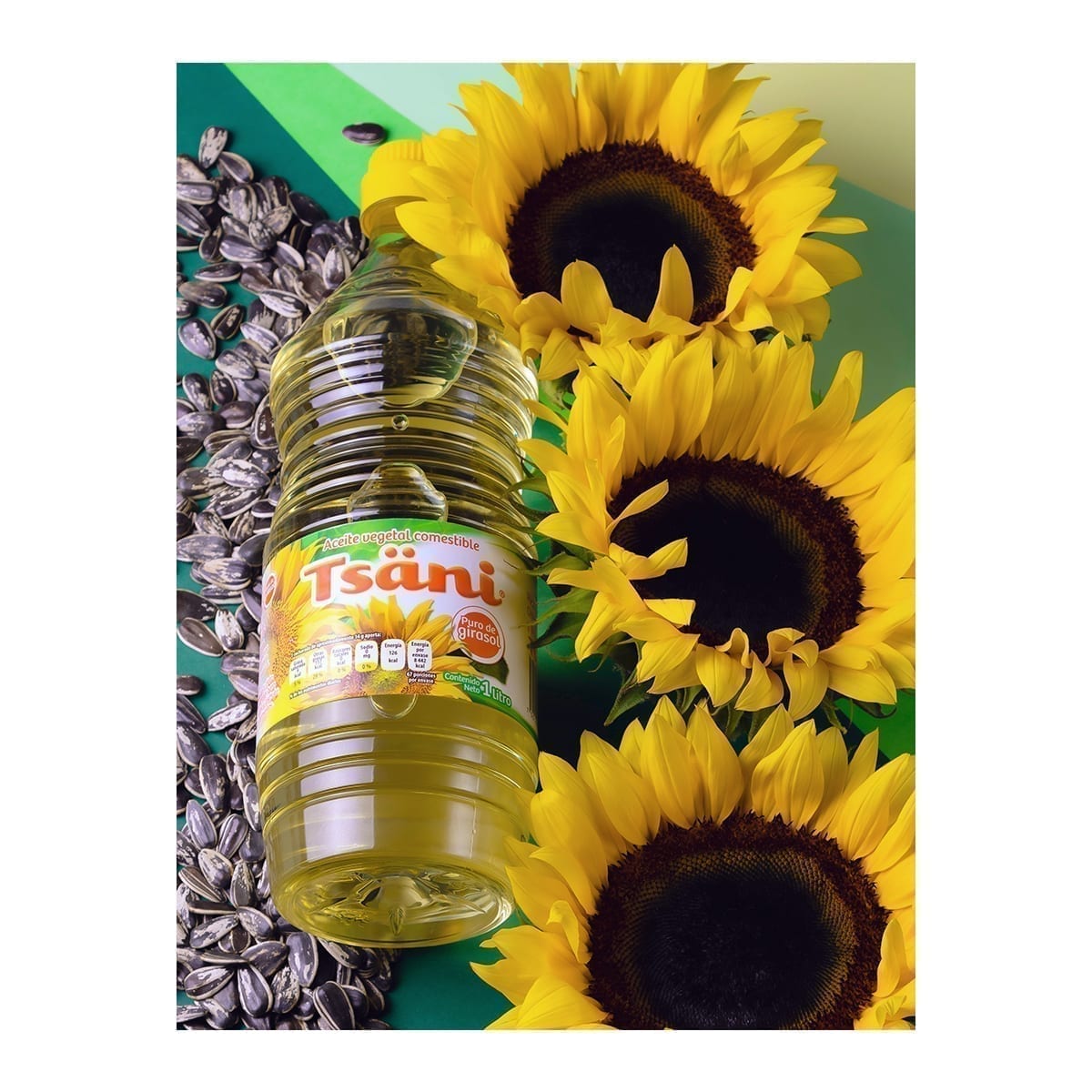 1 L Tsäni bottle with sunflowers and seeds; diagonal striped green backdrop. “100 Years of History” editorial project, Fábrica de Jabón La Corona — piece 19 of 38.