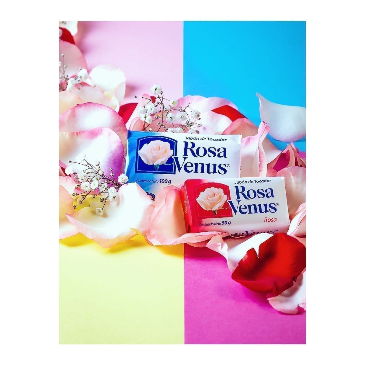 Two wrapped Rosa Venus bars (100 g and 50 g Rosa) on petals and baby’s breath; four-color quadrant backdrop. “100 Years of History” editorial project, Fábrica de Jabón La Corona — piece 24 of 38.