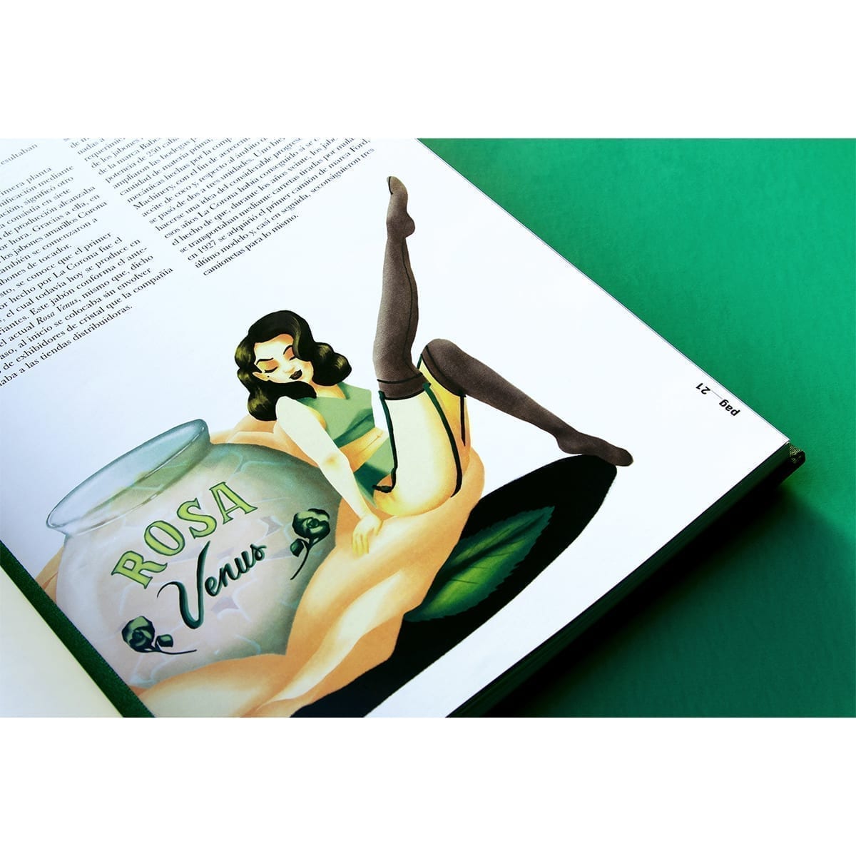 Spread: vintage pin-up illustration with “Rosa Venus” jar; Spanish text at left; footer “pag _ 21”. “100 Years of History” editorial project, Fábrica de Jabón La Corona — piece 30 of 38.