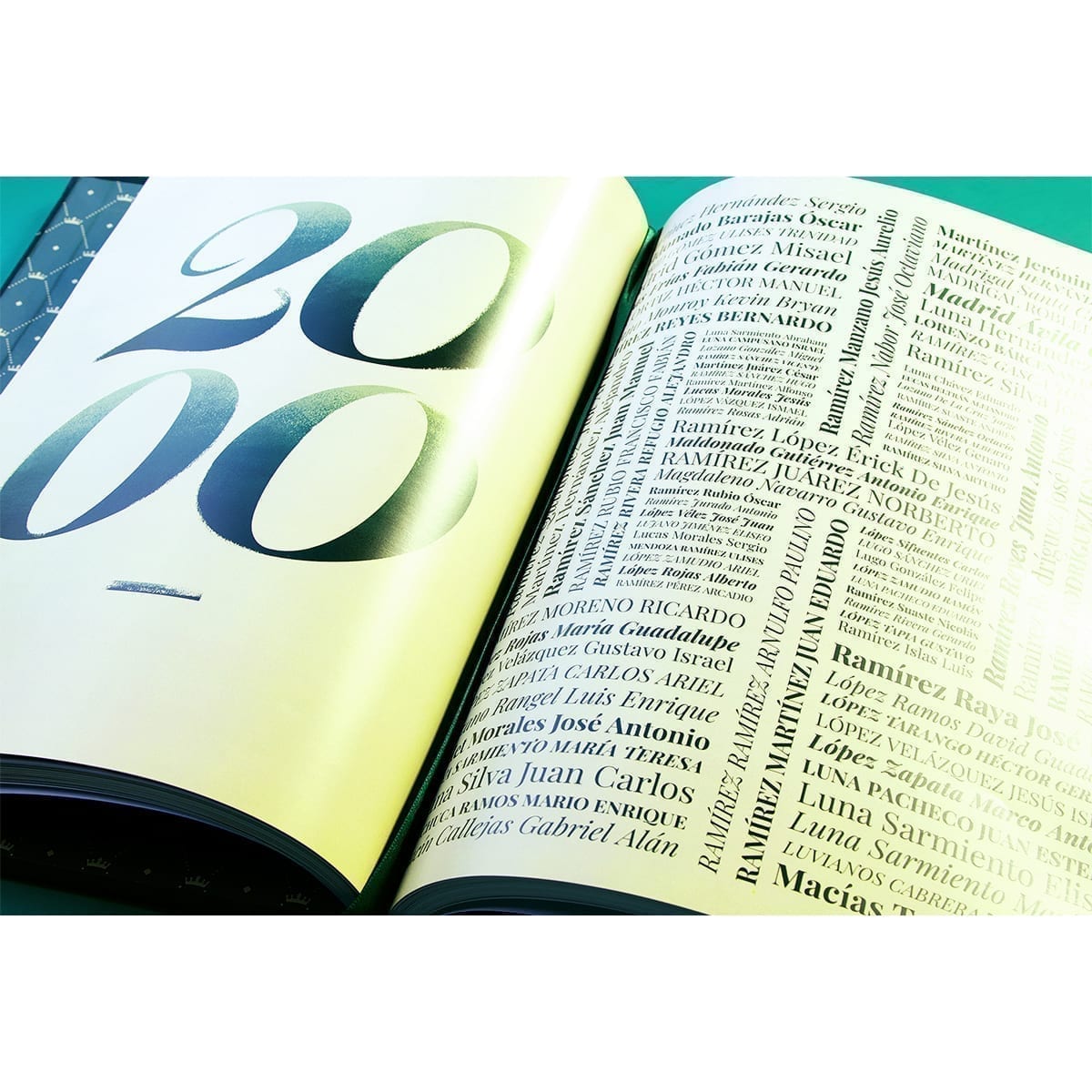 Typographic spread: large “200” numeral and dense serif surname grid. “100 Years of History” editorial project, Fábrica de Jabón La Corona — piece 33 of 38.