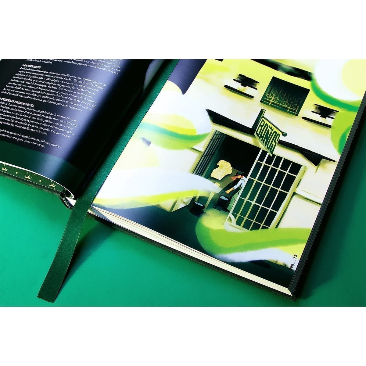 Origins opening: illustrated “BAÑOS” façade and doorway figure; page footer “pag _ 13”. “100 Years of History” editorial project, Fábrica de Jabón La Corona — piece 37 of 38.